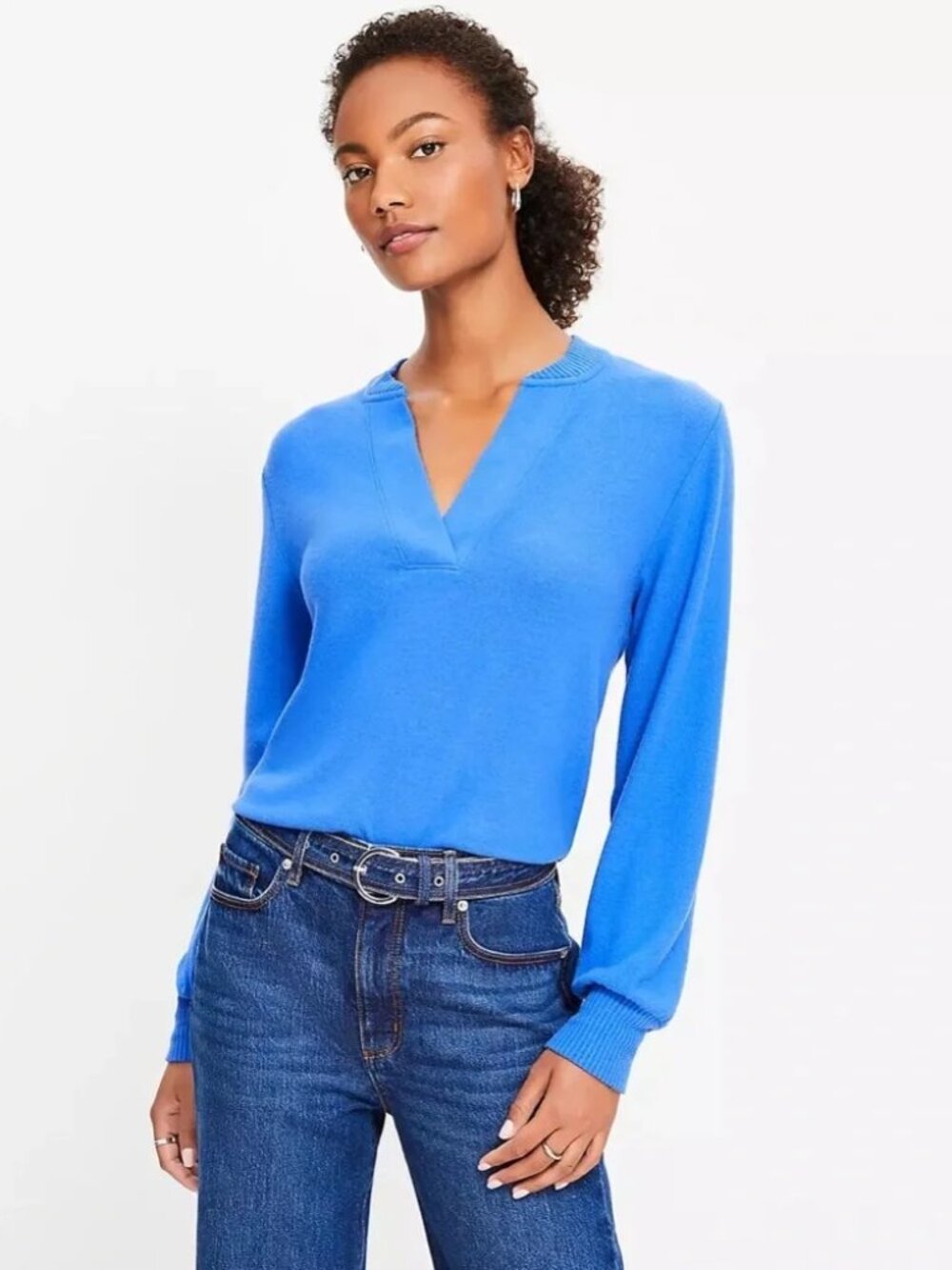 LOFT Bright Blue Split-Neck Sweater - Size Small